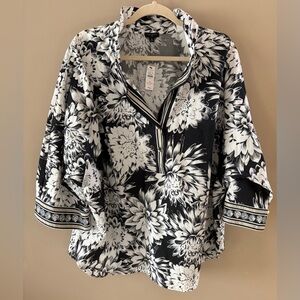 Talbots Size 3X Popover Blouse Black & White Floral Pattern NWT